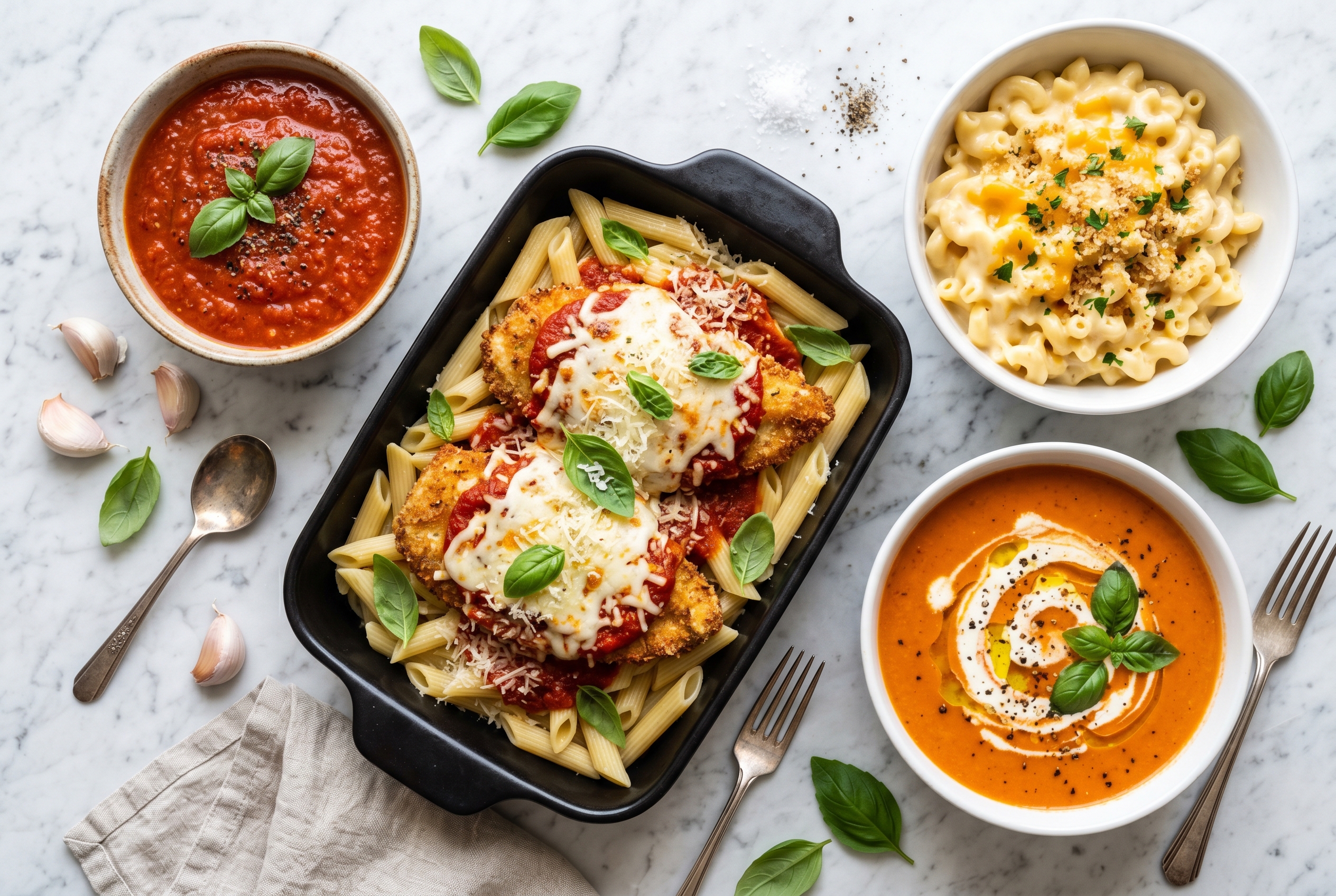 Overhead spread of marinara, mac & cheese, tomato soup and chicken parmesan tray