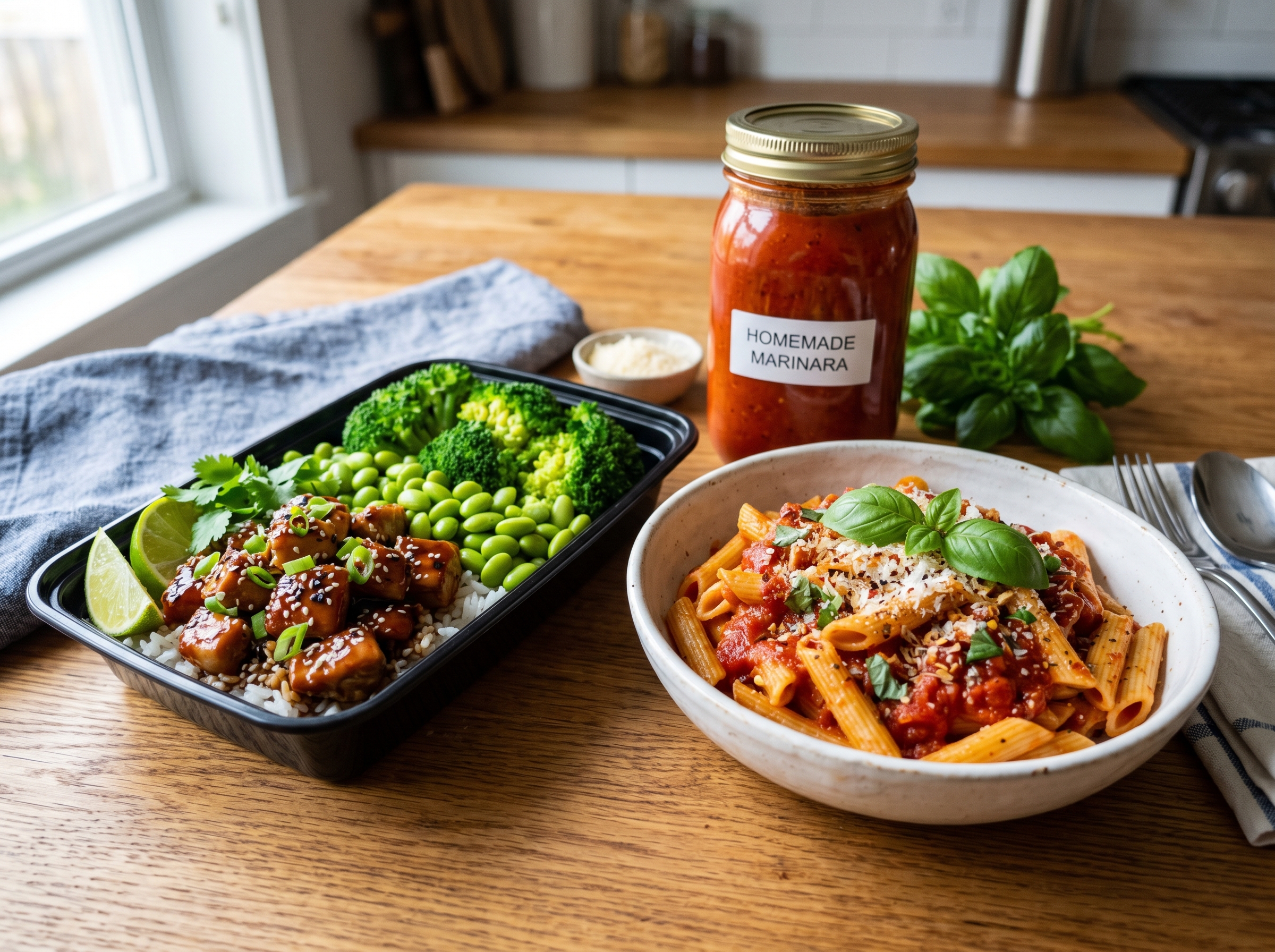 Chicken teriyaki rice bowl, penne pasta, and a jar of marinara sauce