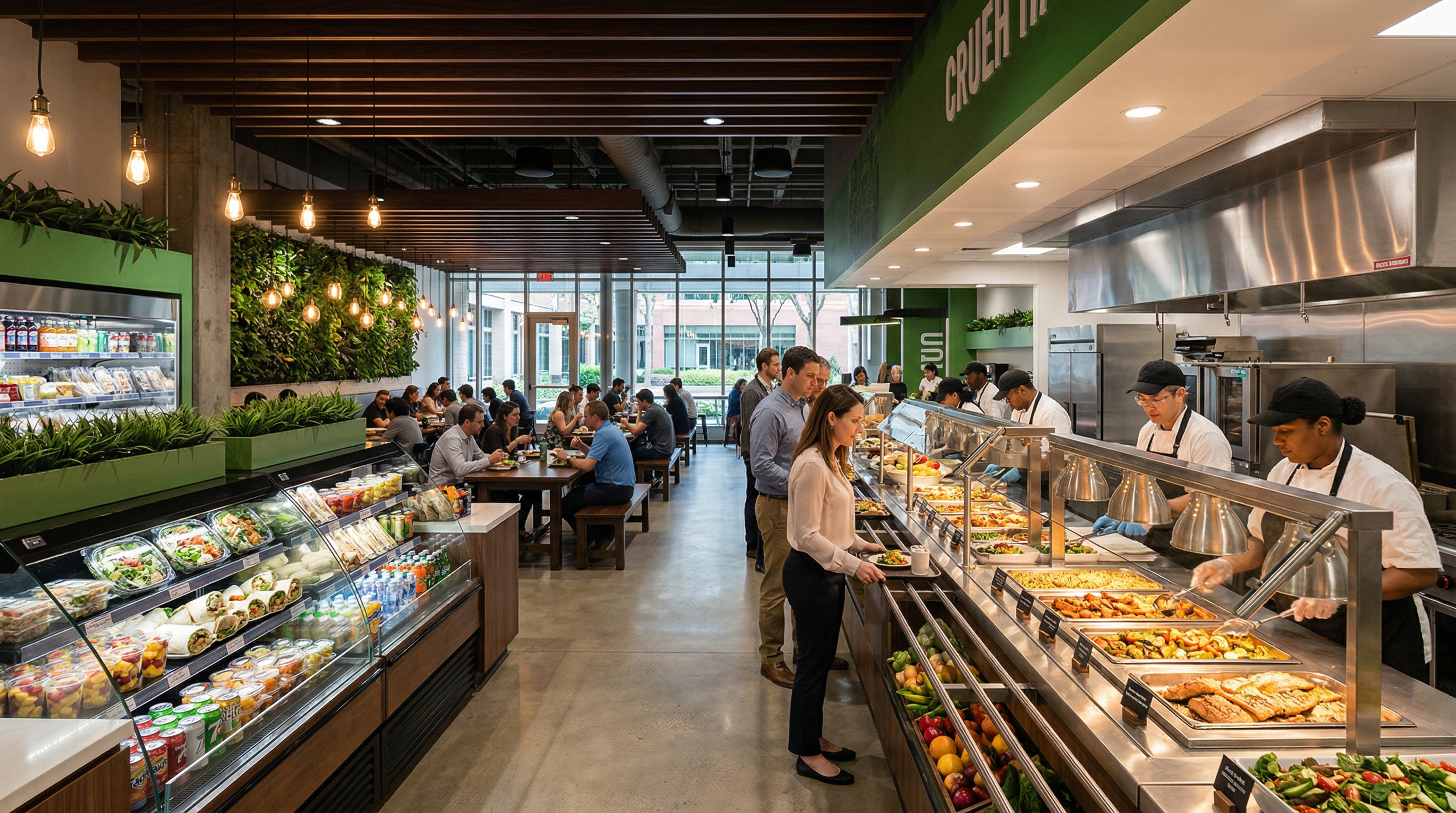Modern foodservice dining hall with serving lines and grab-and-go displays